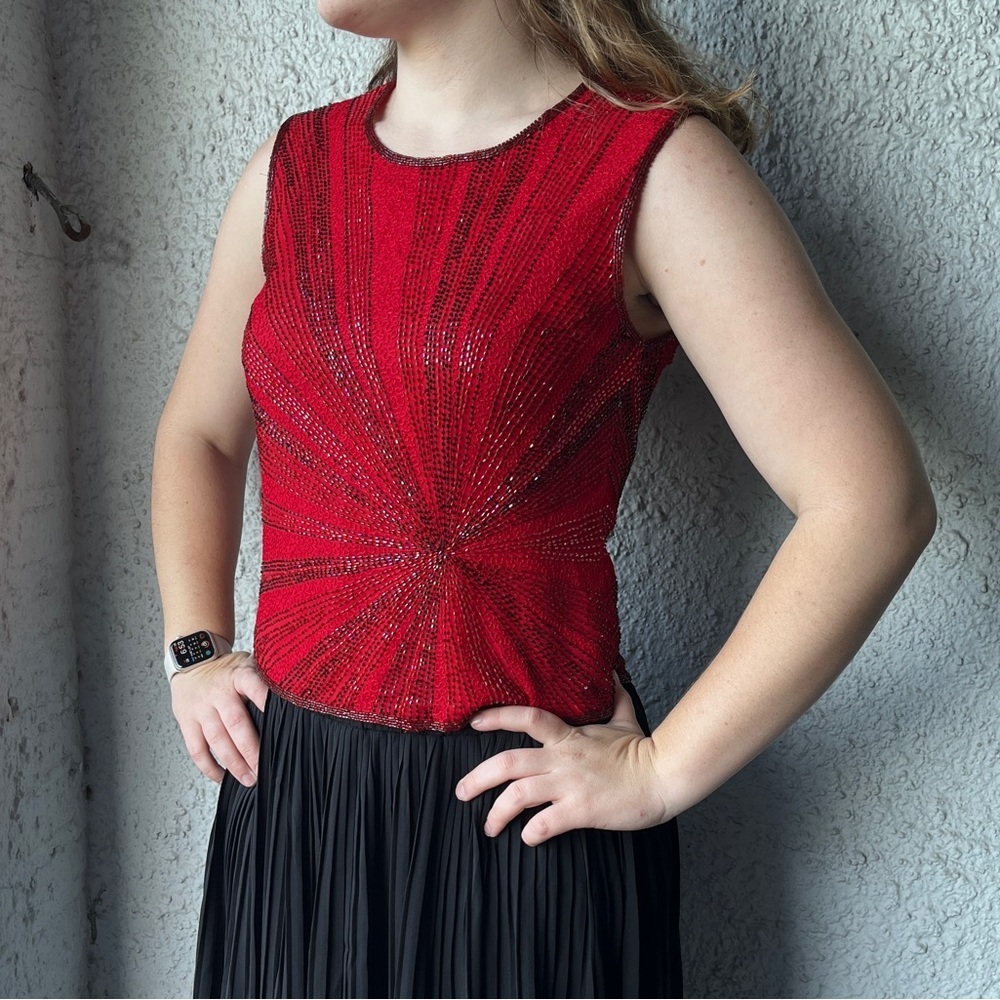 Papell Boutique Evening Red Firework 100% Silk Beaded Top Size Large